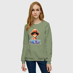 Свитшот хлопковый женский Монки д Луффи one piece, цвет: авокадо — фото 2
