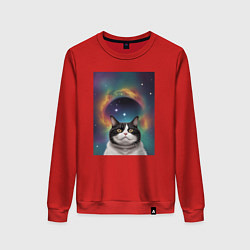 Свитшот хлопковый женский Мечтательный космический котик, цвет: красный
