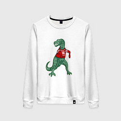 Свитшот хлопковый женский Динозавр в новогоднем свитере, цвет: белый