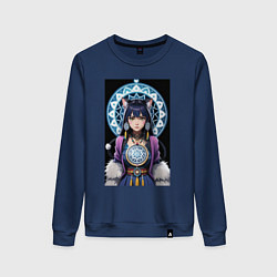 Свитшот хлопковый женский Аниме девушка шаманка, цвет: тёмно-синий