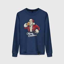 Свитшот хлопковый женский Санта с кружкой пива, цвет: тёмно-синий