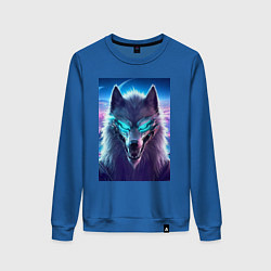 Свитшот хлопковый женский Неоновый кибер волчара - нейросеть, цвет: синий