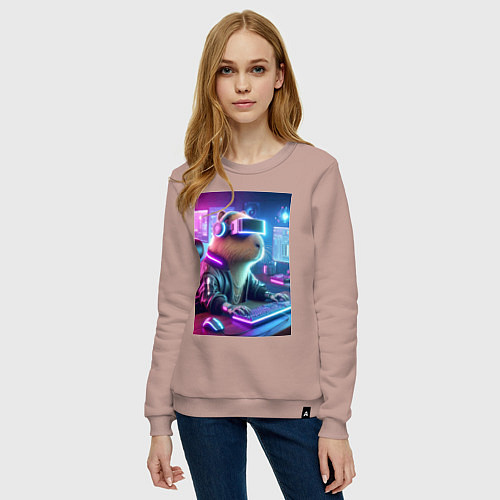 Женский свитшот Капибара игроман - неоновое свечение / Пыльно-розовый – фото 3