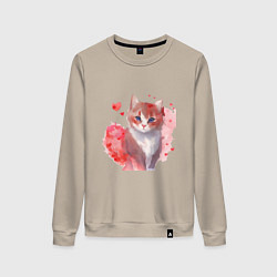 Свитшот хлопковый женский Кошка в красных сердечках, цвет: миндальный
