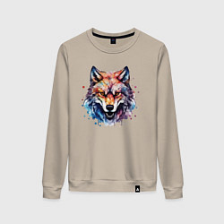 Свитшот хлопковый женский Волк акварель 1, цвет: миндальный