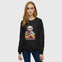 Свитшот хлопковый женский Панда на мопеде, цвет: черный — фото 2