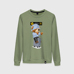 Свитшот хлопковый женский Плюшевый медведь на чемодане, цвет: авокадо