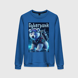 Свитшот хлопковый женский Белый медвежонок в стиле киберпанк, цвет: синий