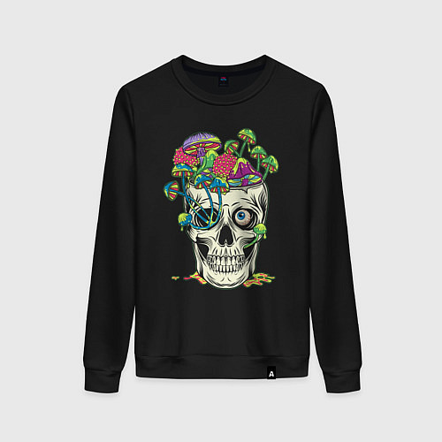 Женский свитшот Психоделический череп с грибами / Черный – фото 1