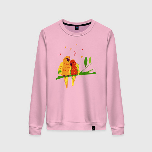 Женский свитшот Пара влюбленных попугаев на ветке / Светло-розовый – фото 1