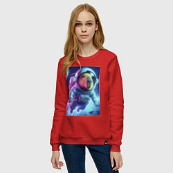 Свитшот хлопковый женский Полёт капибары в космосе - неон, цвет: красный — фото 2