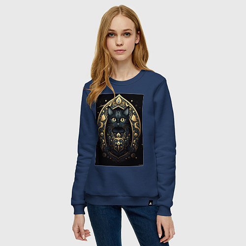 Женский свитшот Черная кошка с золотыми элементами / Тёмно-синий – фото 3