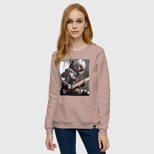 Женский свитшот Девчонка рок гитарист с чёрным котом / Пыльно-розовый – фото 3