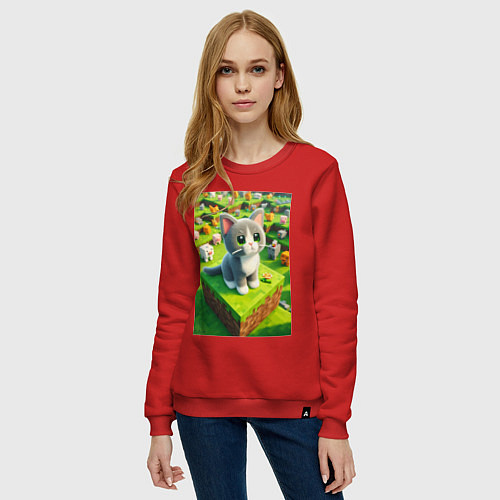 Женский свитшот Funny kitten - Minecraft ai art / Красный – фото 3