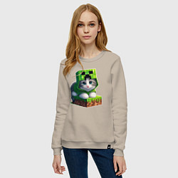 Свитшот хлопковый женский Kitten creeper collaboration - ai art, цвет: миндальный — фото 2