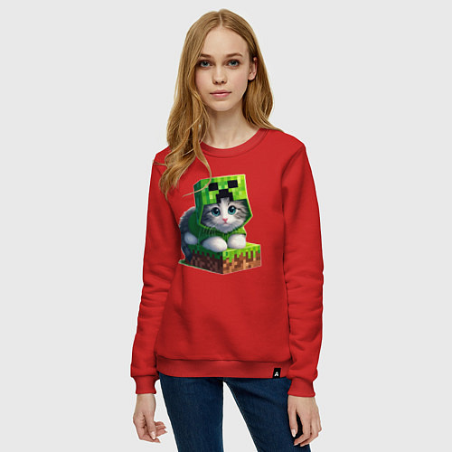 Женский свитшот Kitten creeper collaboration - ai art / Красный – фото 3