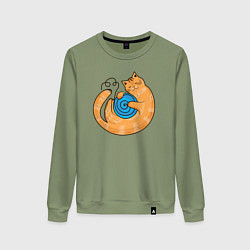 Свитшот хлопковый женский Арт мультяшный рыжий кот с клубком спит котуром, цвет: авокадо