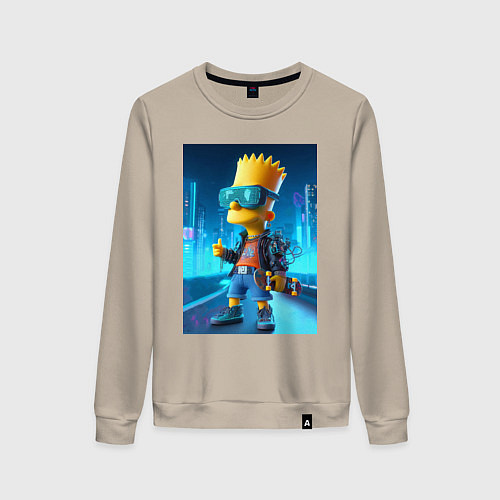 Женский свитшот Барт Симпсон в неоновом городе со скейтбордом - не / Миндальный – фото 1