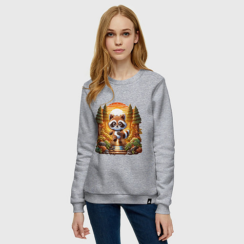 Женский свитшот Енот шагает по лесу / Меланж – фото 3