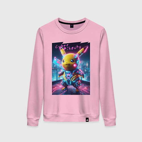 Женский свитшот Cyber Pikachu - neon glow ai art fantasy / Светло-розовый – фото 1