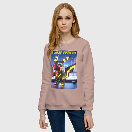 Женский свитшот Cyber pikachu - ai art neon glow fantasy / Пыльно-розовый – фото 3