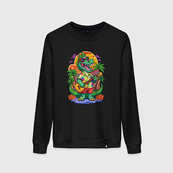 Свитшот хлопковый женский Крокодил играет на гитаре жарким летом, цвет: черный