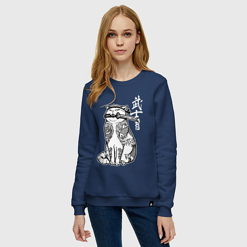 Женский свитшот Кот самурай - сёто в зубах / Тёмно-синий – фото 3