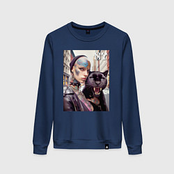 Свитшот хлопковый женский Punk girl under the protection of a panther - New, цвет: тёмно-синий