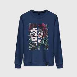 Свитшот хлопковый женский Тандзиро иероглифы Клинок рассекающий демонов, цвет: тёмно-синий