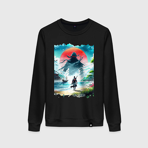 Женский свитшот Призрак Цусимы - самурай на берегу озера / Черный – фото 1