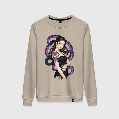 Женский свитшот Девушка в чёрном платье и змея / Миндальный – фото 1