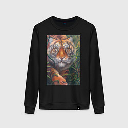 Свитшот хлопковый женский Охотящийся тигр, цвет: черный