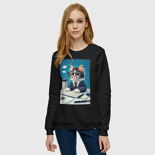 Женский свитшот Котёнок офисный планктон - нейроарт / Черный – фото 3