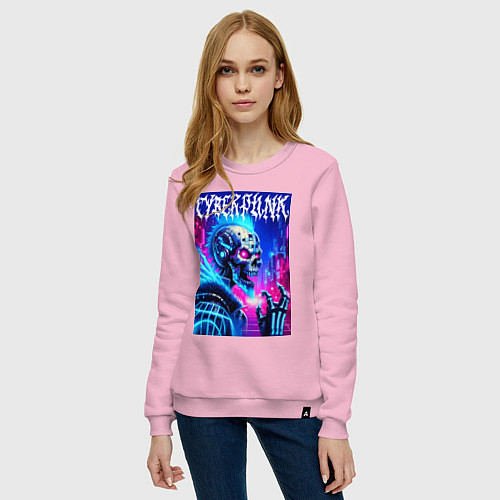 Женский свитшот Neon punk skeleton - ai art fantasy / Светло-розовый – фото 3