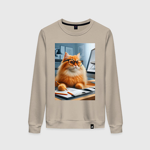 Женский свитшот Рыжий кот дизайнер - нейроарт / Миндальный – фото 1