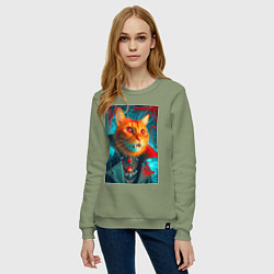 Свитшот хлопковый женский Рыжий кот вампир - нейроарт, цвет: авокадо — фото 2