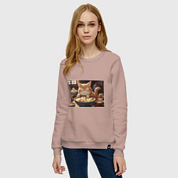 Свитшот хлопковый женский Кот обожает рамен, цвет: пыльно-розовый — фото 2