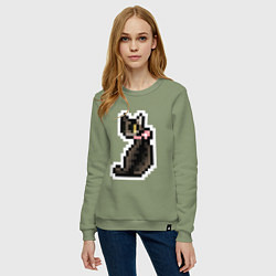 Свитшот хлопковый женский Милая пиксельная кошка с розовым ошейником, цвет: авокадо — фото 2