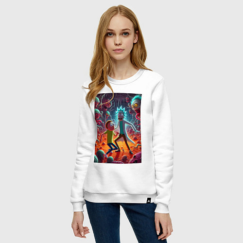 Женский свитшот Рик и Морти оказались в аду - неоновое свечение / Белый – фото 3