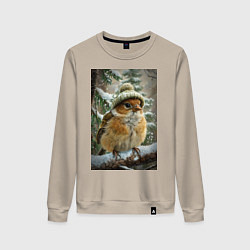 Свитшот хлопковый женский Воробей в шапке, цвет: миндальный