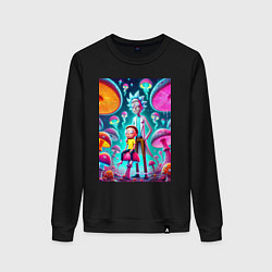 Свитшот хлопковый женский Морти сидит на грибе рядом с Риком, цвет: черный