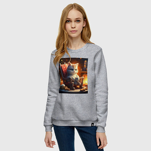 Женский свитшот Уютный кот у камина с чашкой какао / Меланж – фото 3