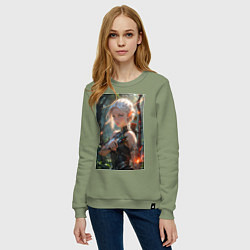 Свитшот хлопковый женский Девушка-эльф с магическим луком, цвет: авокадо — фото 2