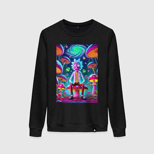Женский свитшот Рик среди неоновых грибов - нейроарт фантазия / Черный – фото 1