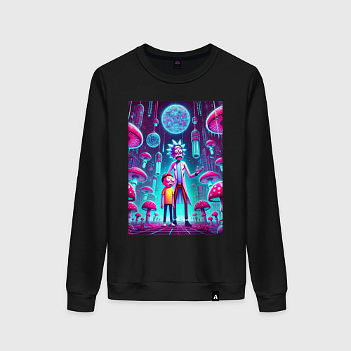 Женский свитшот Rick and Morty among neon mushrooms - ai art fanta / Черный – фото 1