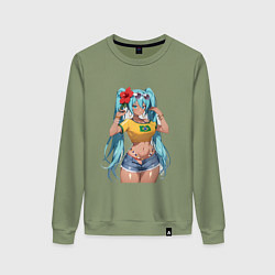Свитшот хлопковый женский Miku Hatsune с цветком, цвет: авокадо