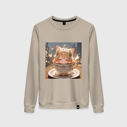 Женский свитшот Кошечка с короной в чашке / Миндальный – фото 1