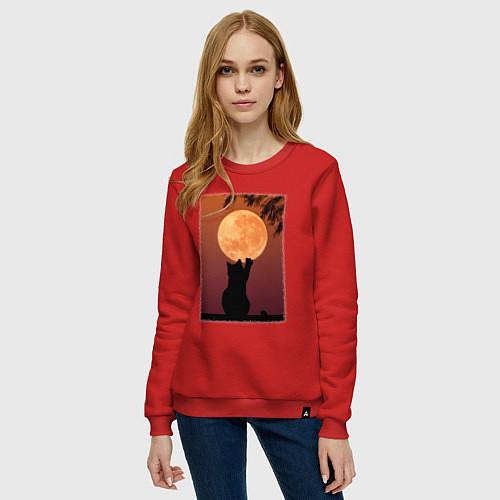 Женский свитшот Кот трогает луну / Красный – фото 3