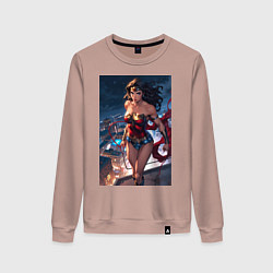 Свитшот хлопковый женский Чудо-женщина на крыше с городским фоном в стиле ко, цвет: пыльно-розовый