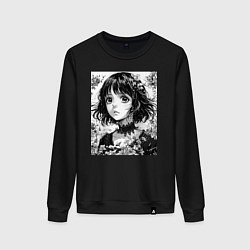 Женский свитшот Аниме девушка портрет черно-белый